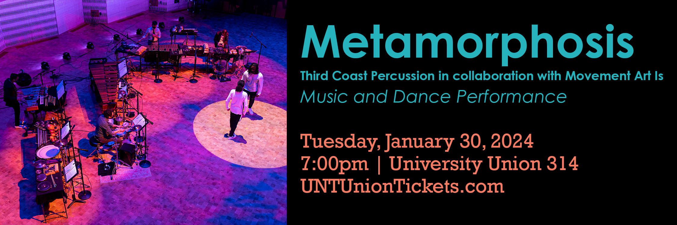 image of percussion group with dancers on stage and event information for metamorphosis