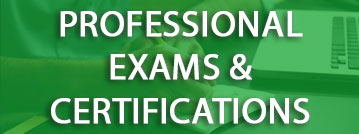 Professional Exams and Certifications title with green overlay over a picture of a student with a laptop