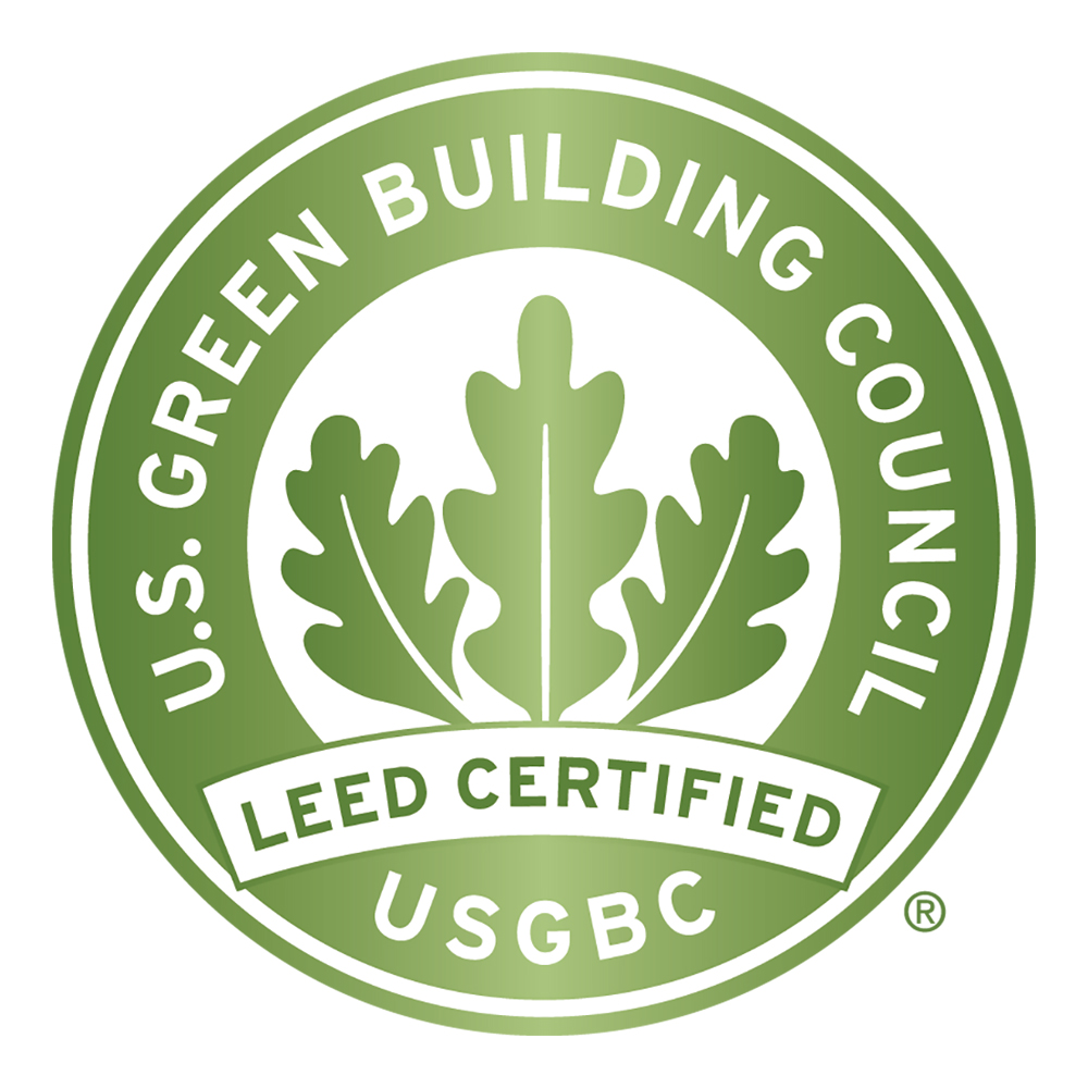 green "US Green Building Council" certified logo with leaves in the middle