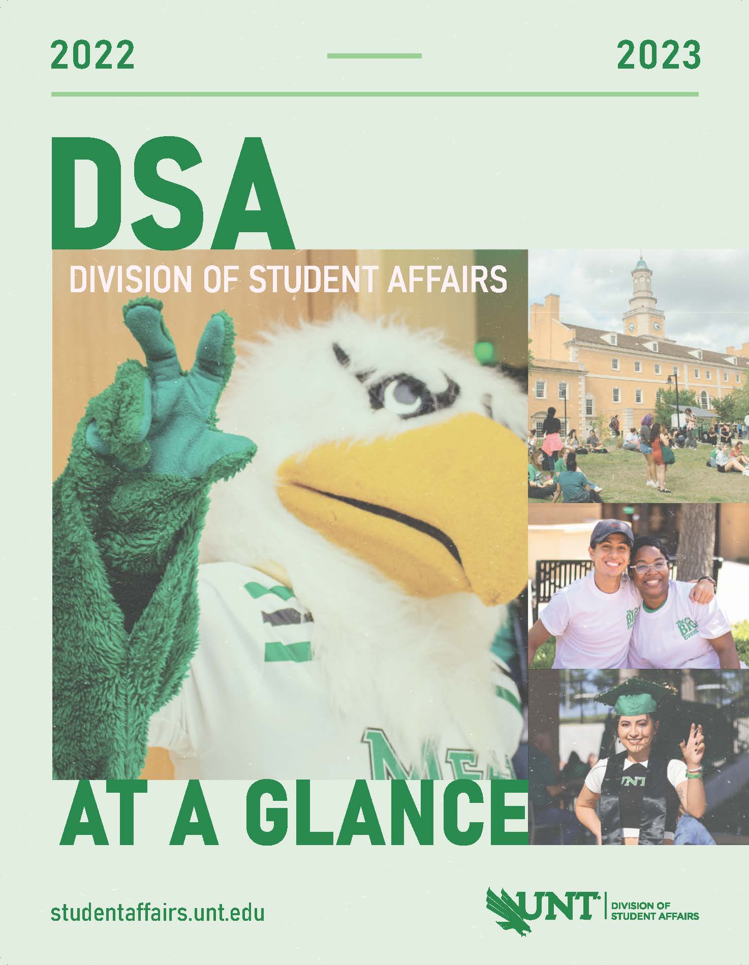 DSA at a glance, scrappy giving the claw and students on campus
