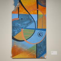 Blue and orange abstract painting with crisp black lines