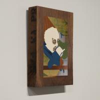 Painting on wood of person in wrestling mask sipping a drink with their pinkie up