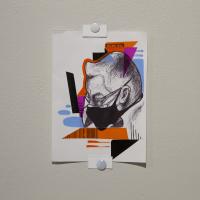 Graphite portrait of man in medical mask with abstract colorful shapes