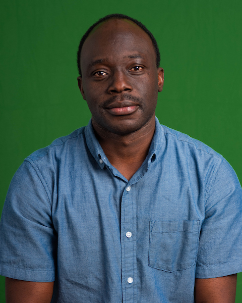 green screen, brown eyes, brown hair, blue shirt