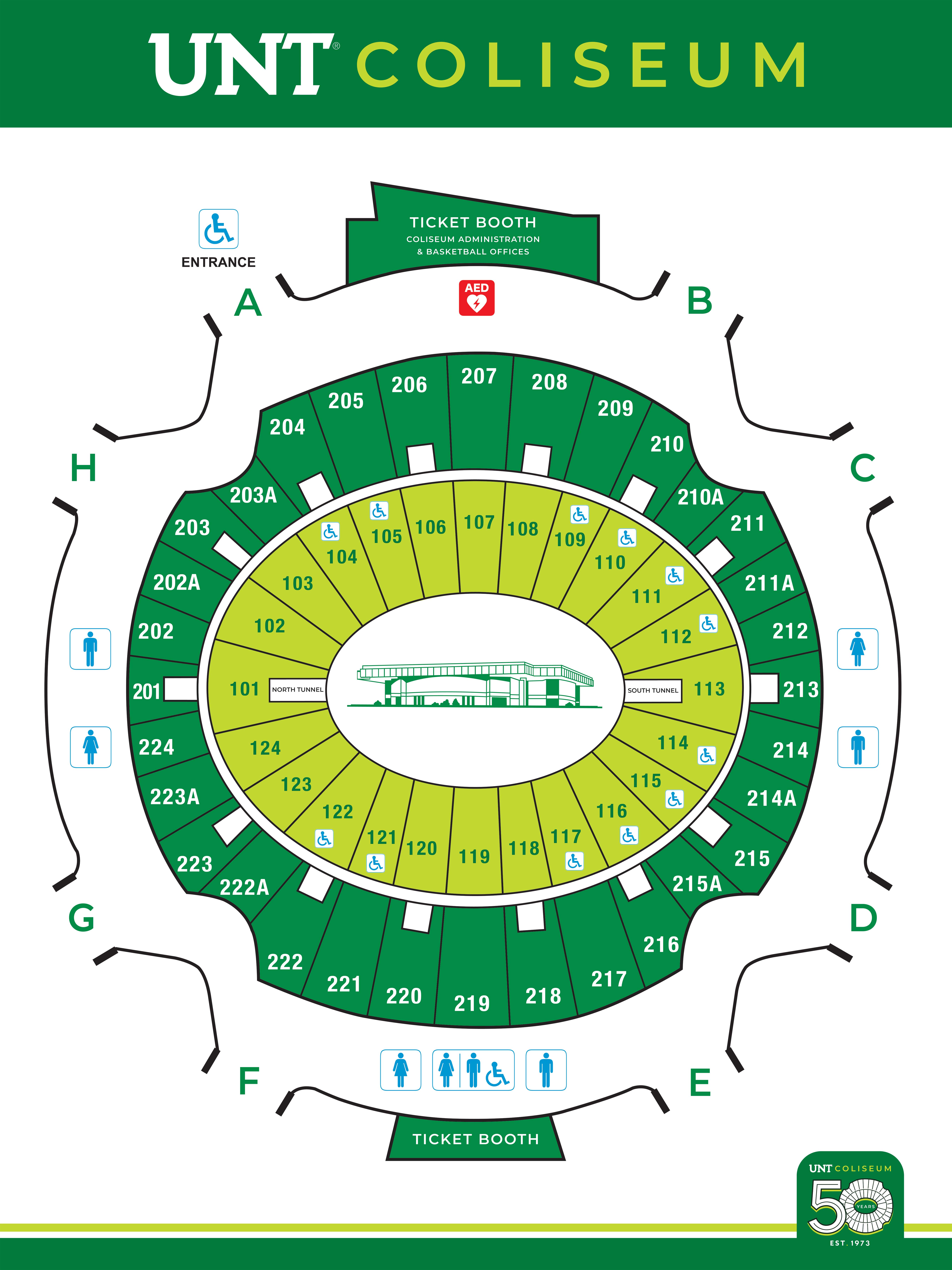 Image of UNT Coliseum floor plan in green, light green and black on a white background.