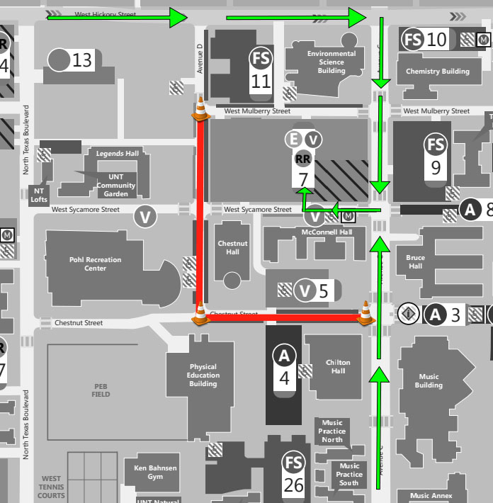 Map directing traffic from North Texas BLVD to West Hickory to Avenue C to West Sycamore in order to park behind Chestnut Hall