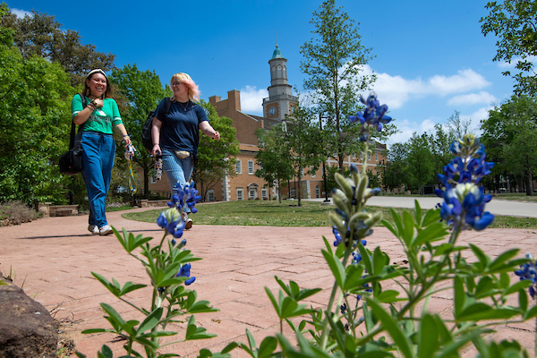 students walking on campus with bluebonnets