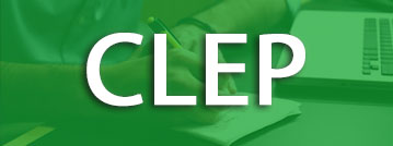CLEP title with green overlay over a picture of a student with a laptop