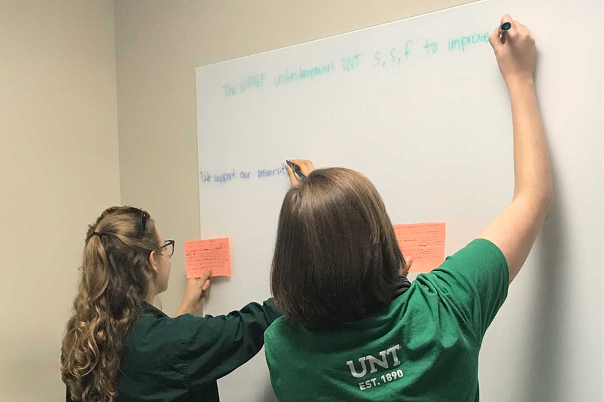 Image of a students braintorming a projet on a wite board.