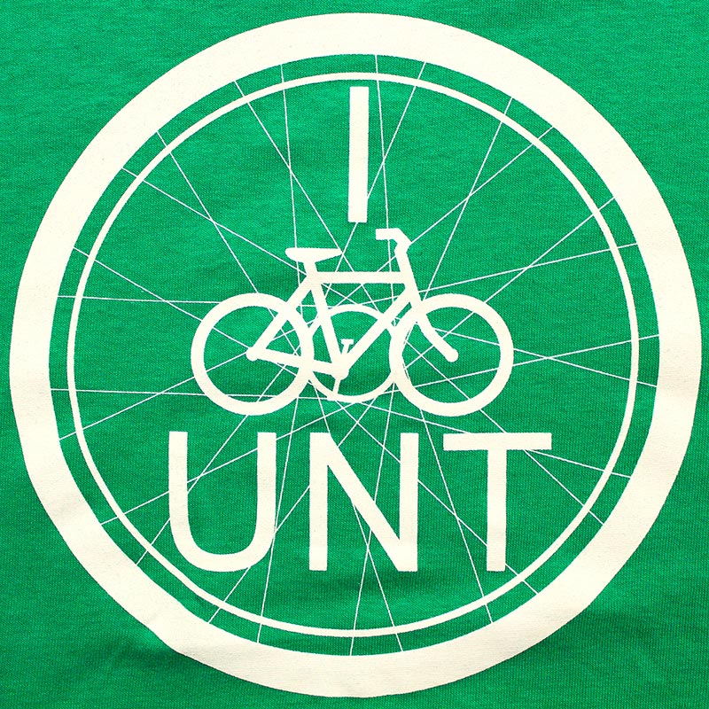 green and white I Bike UNT logo with small bike inside bike wheel