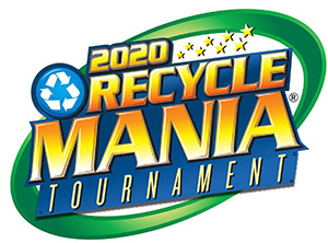 Yellow and blue RecycleMania 2020 tournament logo features a bright blue and white recycle arrow sign