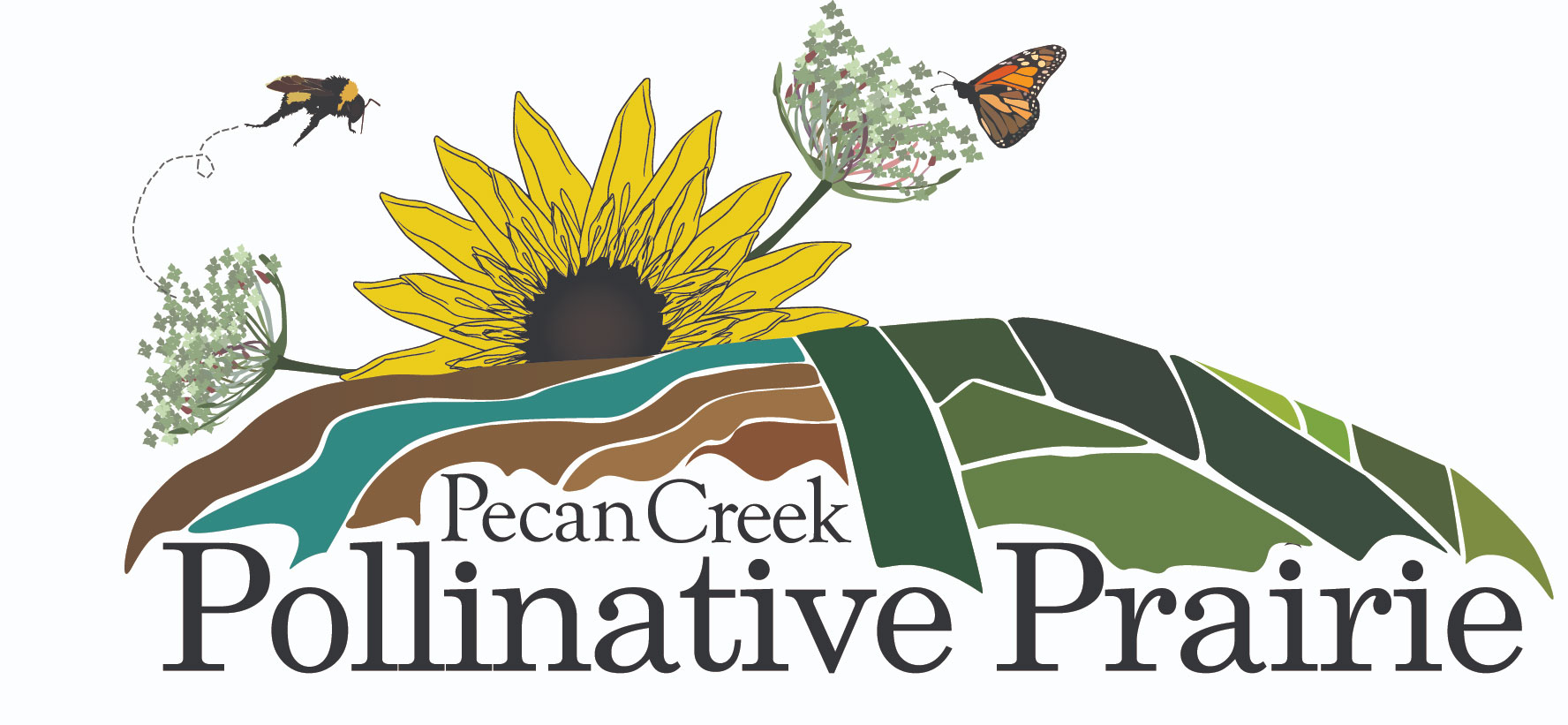 Pecan Creek Pollinative Prairie logo is featured with several flowers, a bee, and a monarch butterfly