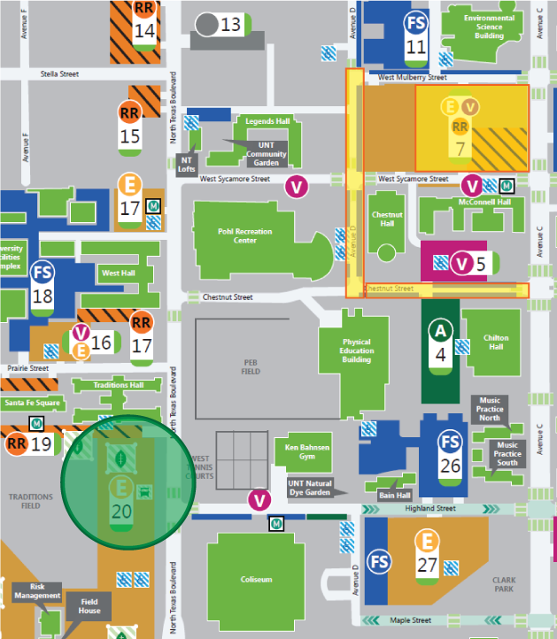 A map of UNT highlighting buildings and parking lots. Lot 20 is circled in green and roads surrounding Chestnut Hall are highlighted in yellow signifying the ongoing construction.