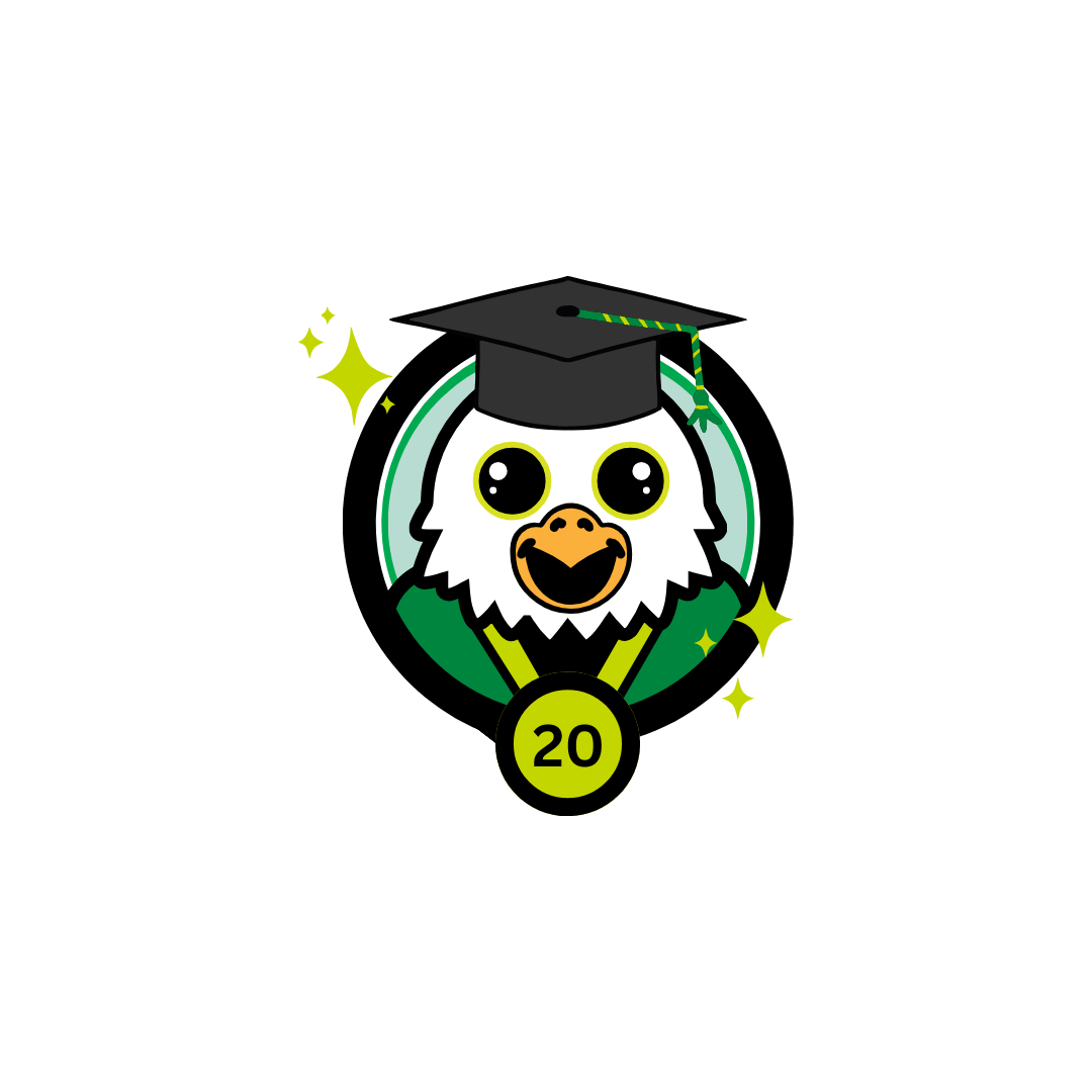 Illustration of Scrappy the eagle smiling, wearing a graduation cap, and a medal with the number 20 on it. 