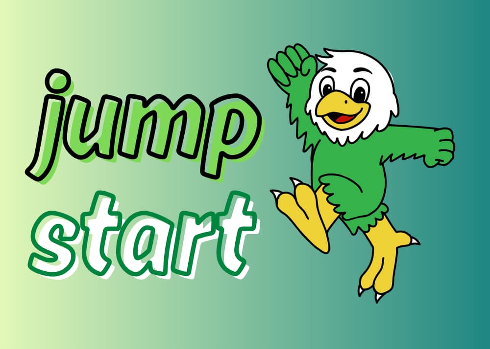 Jump Start. Illustration of Scrappy the Eagle jumping in the air