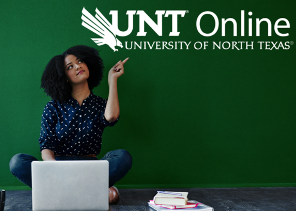 Picture of woman sitting on the floor with a laptop pointing to the words UNT Online University of North Texas 