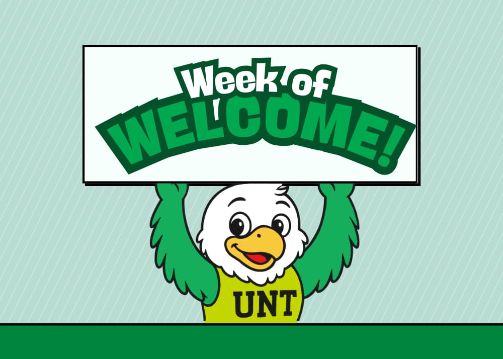 Illustration of Scrappy the Eagle holding a sign that says Week of Welcome