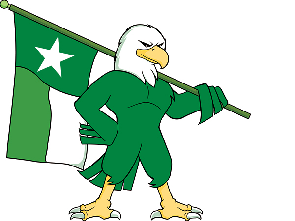 Scrappy the Mascot holding the battle flag 