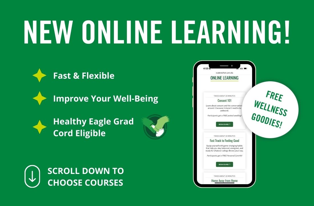 Green background with a phone that shows a picture of the online learning courses available on the SHWC OHP website and text that reads: New Online Learning! Fast and Flexible. Improve Your Well-Being. Healthy Eagle Grad Cord Eligible. Free Wellness Goodies! Scroll down to choose courses.