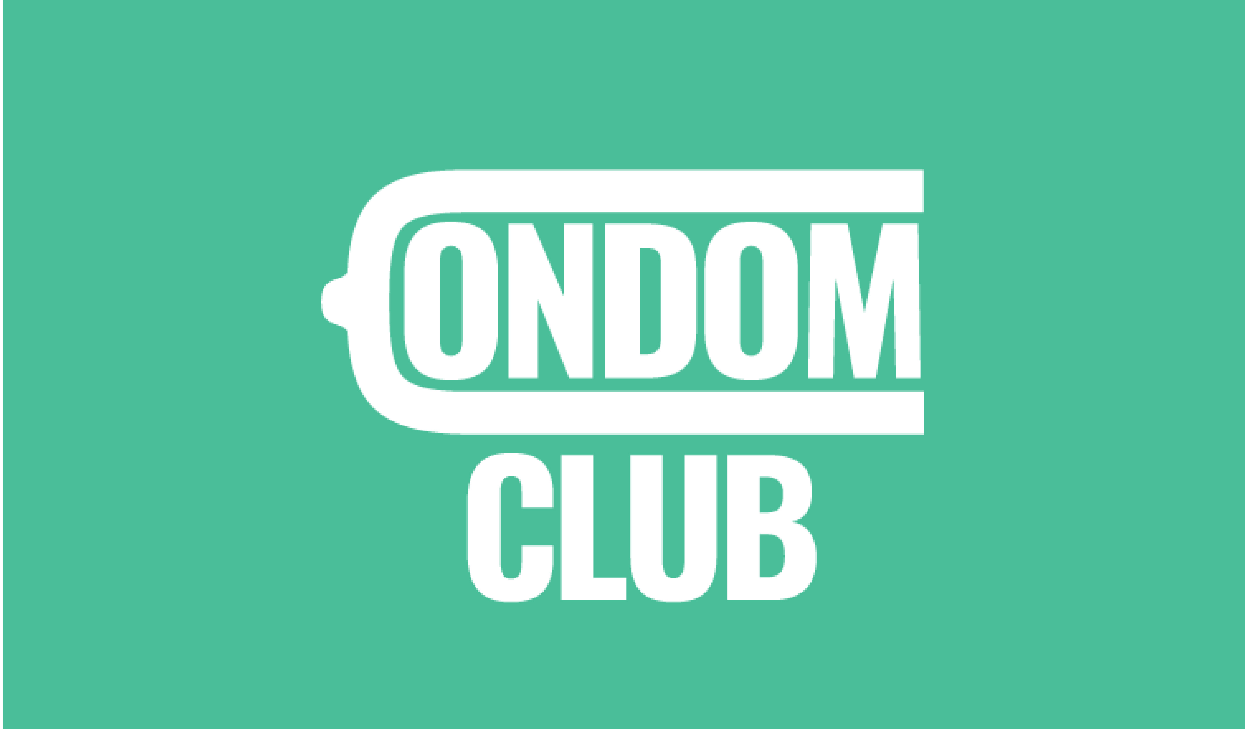 Turquoise background with stylized logo that says Condom Club