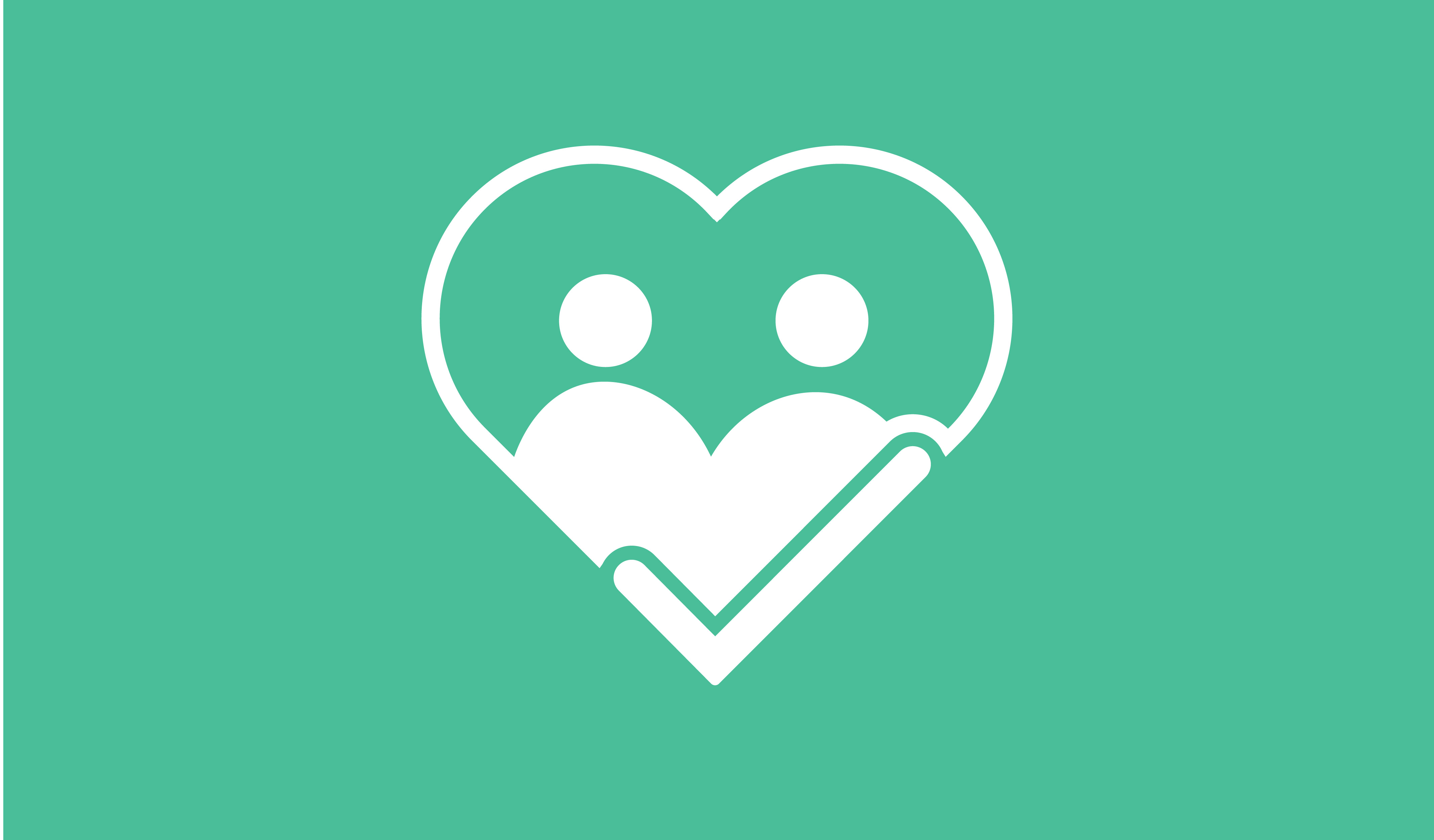 Turquoise background with white line drawing of a heart that has two people and a checkmark inside