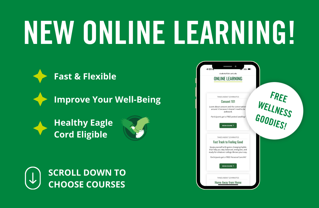 Green background with the front of a phone that shows a picture of the online learning courses available on the SHWC OHP website and text that reads: New Online Learning! Fast and Flexible. Improve Your Well-Being. Healthy Eagle Cord Eligible. Free Wellness Goodies! Scroll down to choose courses.