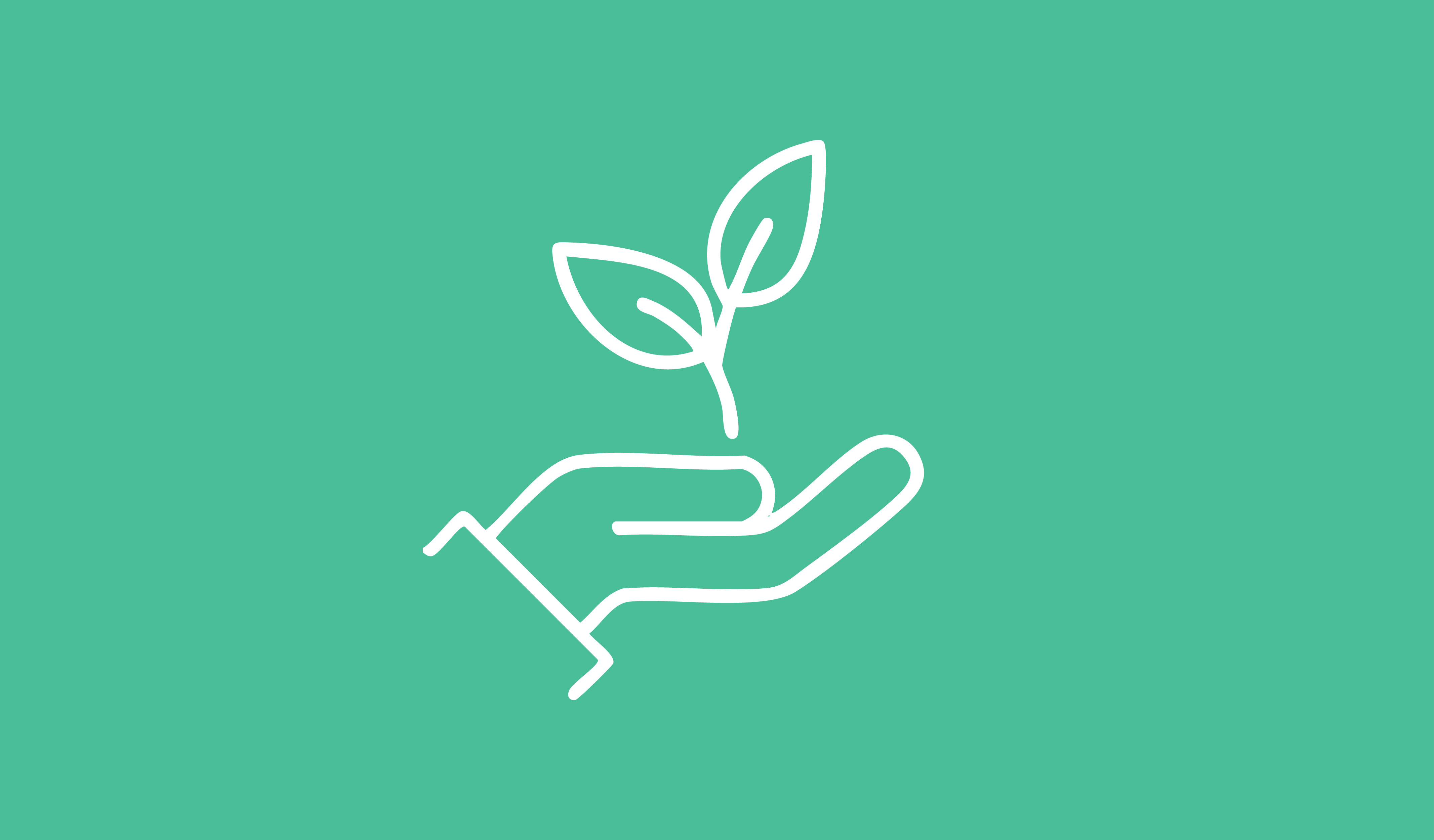 Turquoise background with line drawing of a hand that has two leaves sprouting from the palm
