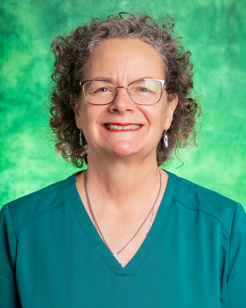 short grey hair, glasses, green background