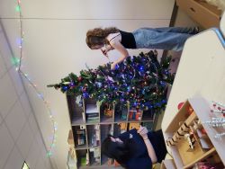 students decorating tree