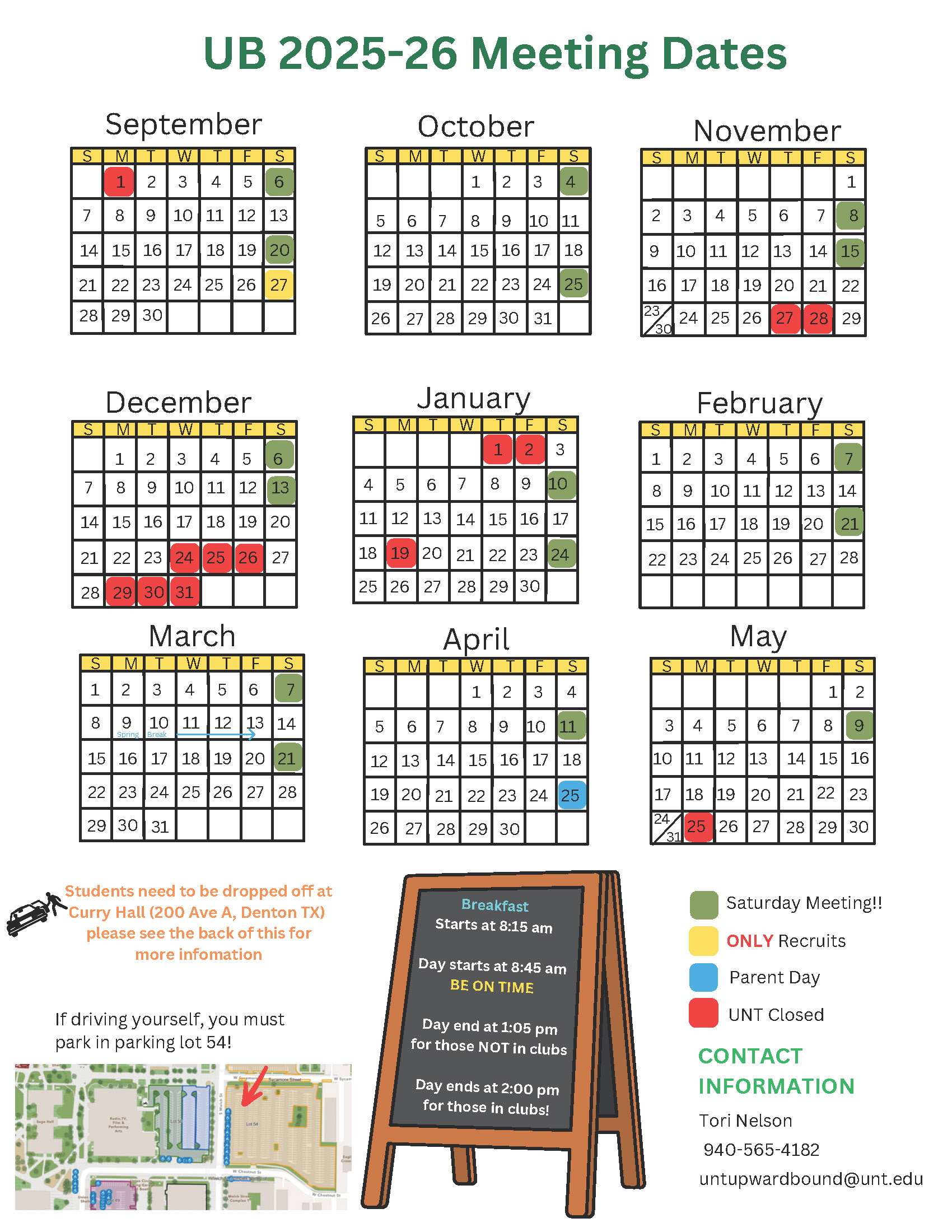 Calendar showcasing the days students/recruits will meet during the Academic year