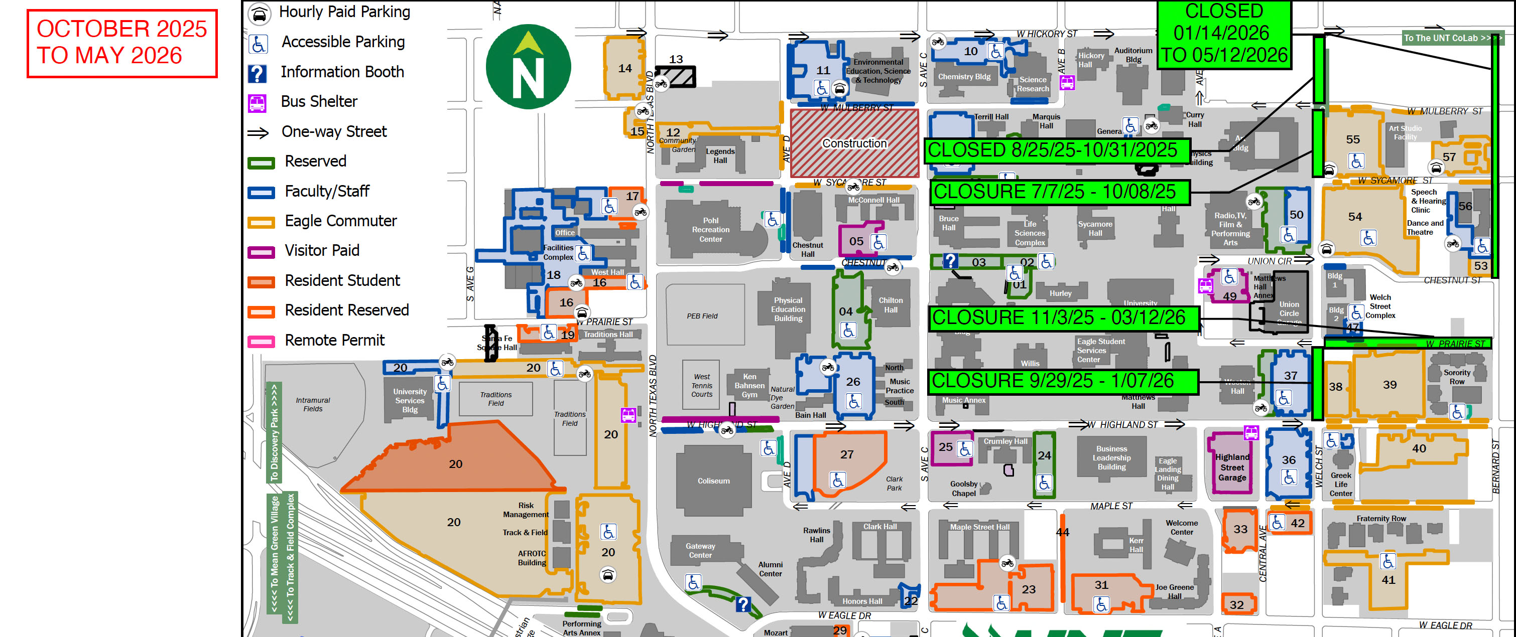 map of UNT campus with road construction information for the month of October 2025